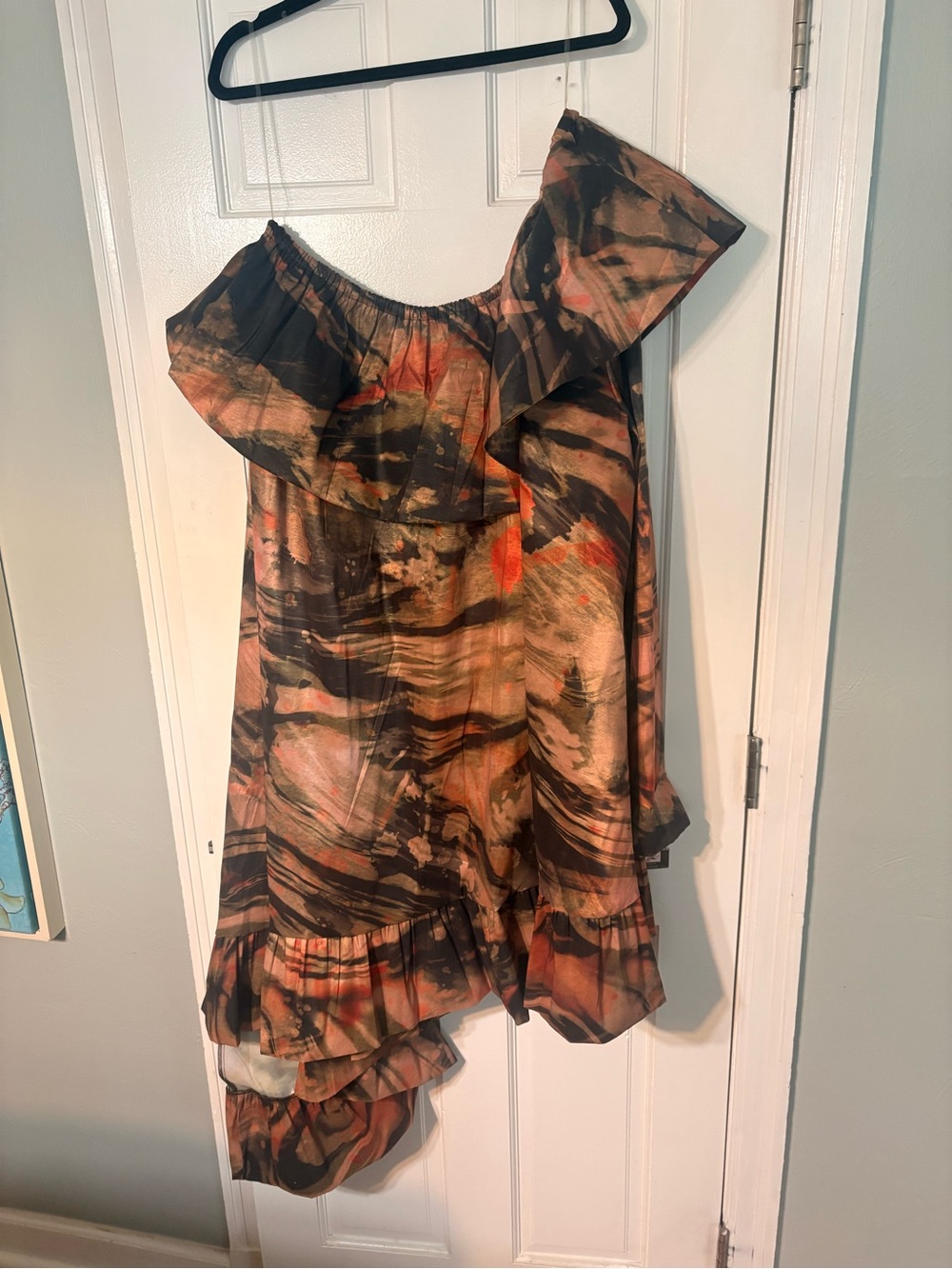 PLUS SIZE Shoulder High-Low Ruffle Dress in Brown, Orange & Black Size 2XL